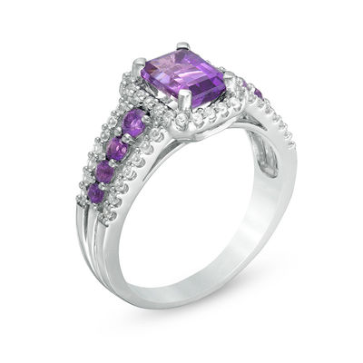 Previously Owned - Emerald-Cut Amethyst and Lab-Created White Sapphire Frame Ring in Sterling Silver