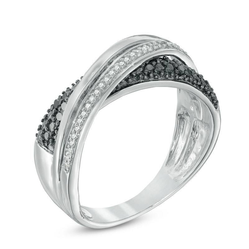 Previously Owned - 0.15 CT. T.W. Enhanced Black and White Diamond Orbit Crossover Ring in Sterling Silver