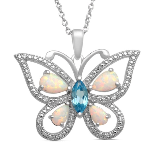 Previously Owned - Blue Topaz, Lab-Created Opal and White Sapphire Butterfly Pendant in Sterling Silver