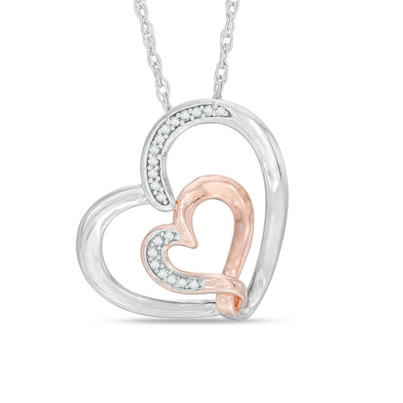 Previously Owned - 0.12 CT. T.W. Diamond Double Heart Pendant in Sterling Silver and 14K Rose Gold Plate|Peoples Jewellers