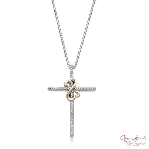 Previously Owned - Open Hearts by Jane Seymour™ 0.04 CT. T.W. Diamond Cross Pendant in Sterling Silver and 10K Gold