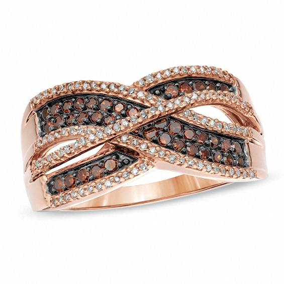 Previously Owned - 0.50 CT. T.W. Enhanced Cognac and White Diamond Crossover Ring in 10K Rose Gold