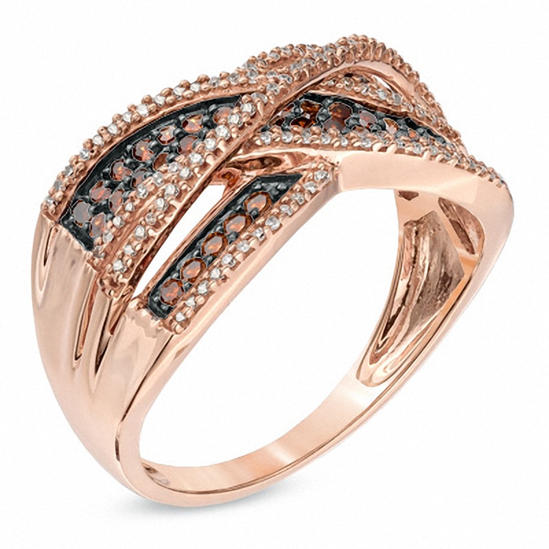 Previously Owned - 0.50 CT. T.W. Enhanced Cognac and White Diamond Crossover Ring in 10K Rose Gold