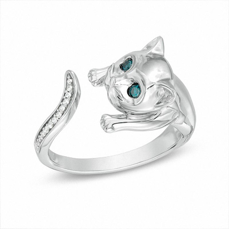 Main Image 1 of Previously Owned - 0.06 CT. T.W. Enhanced Blue and White Diamond Cat Ring in Sterling Silver