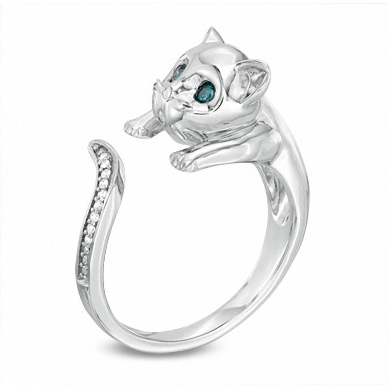 Main Image 2 of Previously Owned - 0.06 CT. T.W. Enhanced Blue and White Diamond Cat Ring in Sterling Silver