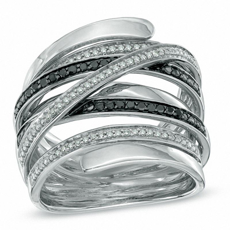 Previously Owned - 0.25 CT. T.W. Enhanced Black and White Diamond Continuous Wrap Ring in Sterling Silver