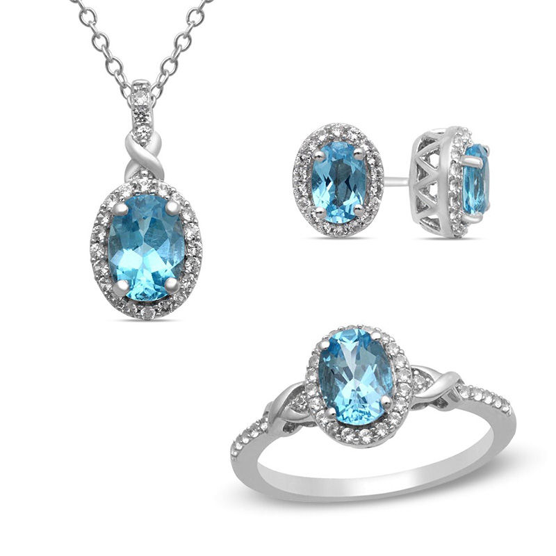 Previously Owned - Swiss Blue Topaz and Lab-Created White Sapphire Pendant, Earrings and Ring Set in Sterling Silver