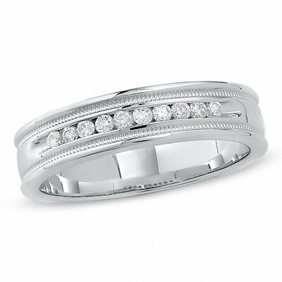 Previously Owned - Men's 0.25 CT. T.W. Diamond Channel Milgrain Band in 14K White Gold