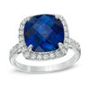 Thumbnail Image 1 of Previously Owned - 11.0mm Cushion-Cut Lab-Created Blue and White Sapphire Frame Ring in Sterling Silver