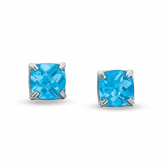 Previously Owned - 6.0mm Cushion-Cut Blue Topaz Stud Earrings in 10K White Gold