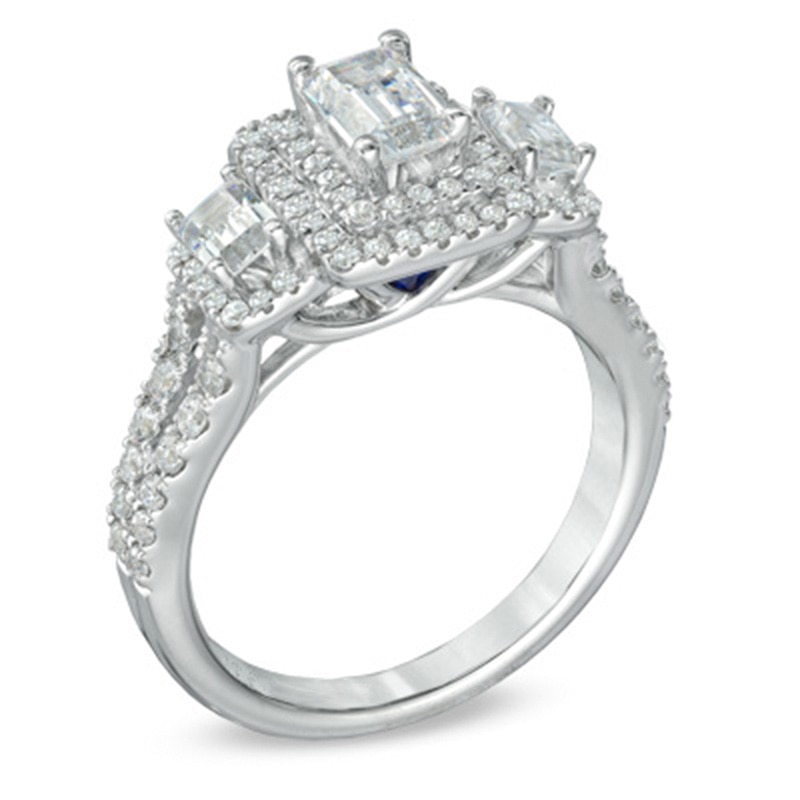 Main Image 2 of Previously Owned - Vera Wang Love Collection 1.30 CT. T.W. Emerald-Cut Diamond Engagement Ring in 14K White Gold