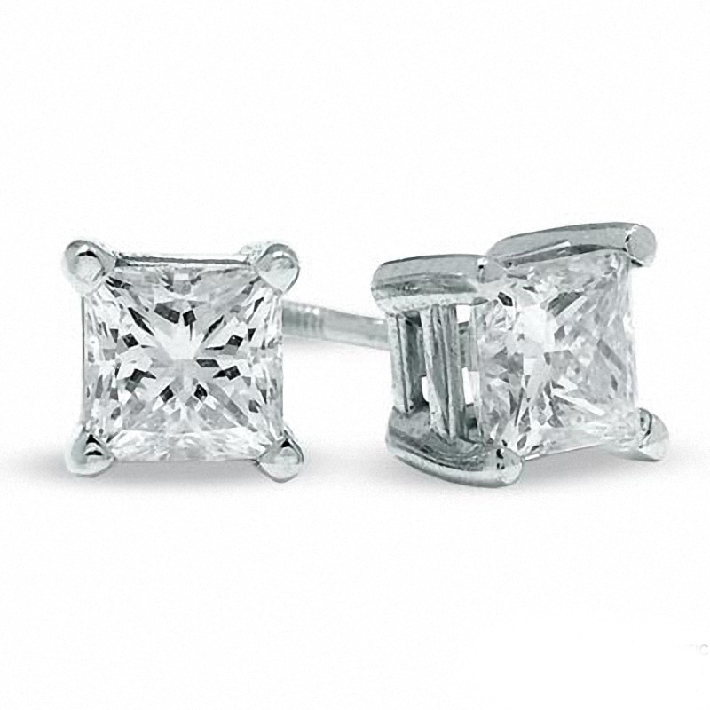 Main Image 1 of Previously Owned - 1.00 CT. T. W.  Princess-Cut Diamond Stud Earrings in 14K White Gold (I/I2)