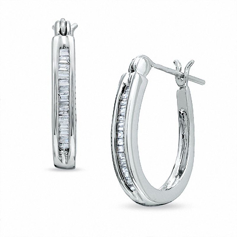 Previously Owned - 0.25 CT. T.W. Baguette Diamond Channel-Set Hoop Earrings in 10K White Gold