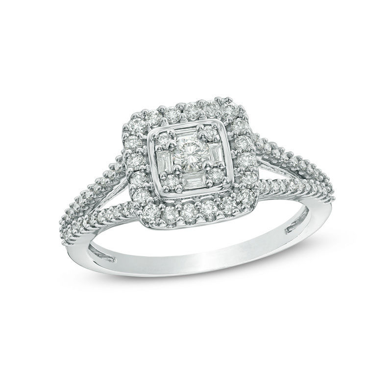 Main Image 1 of Previously Owned - 0.50 CT. T.W. Baguette and Round Composite Diamond Square Frame Ring in 10K White Gold