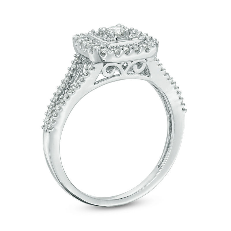 Main Image 2 of Previously Owned - 0.50 CT. T.W. Baguette and Round Composite Diamond Square Frame Ring in 10K White Gold