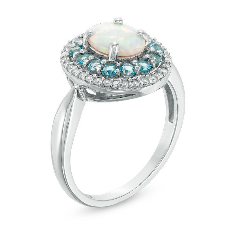 Previously Owned - Oval Lab-Created Opal, White Sapphire and Blue Topaz Double Frame Ring in Sterling Silver