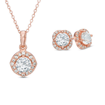 Previously Owned - Lab-Created White Sapphire Pendant and Stud Earrings Set in Sterling Silver with 18K Rose Gold Plate