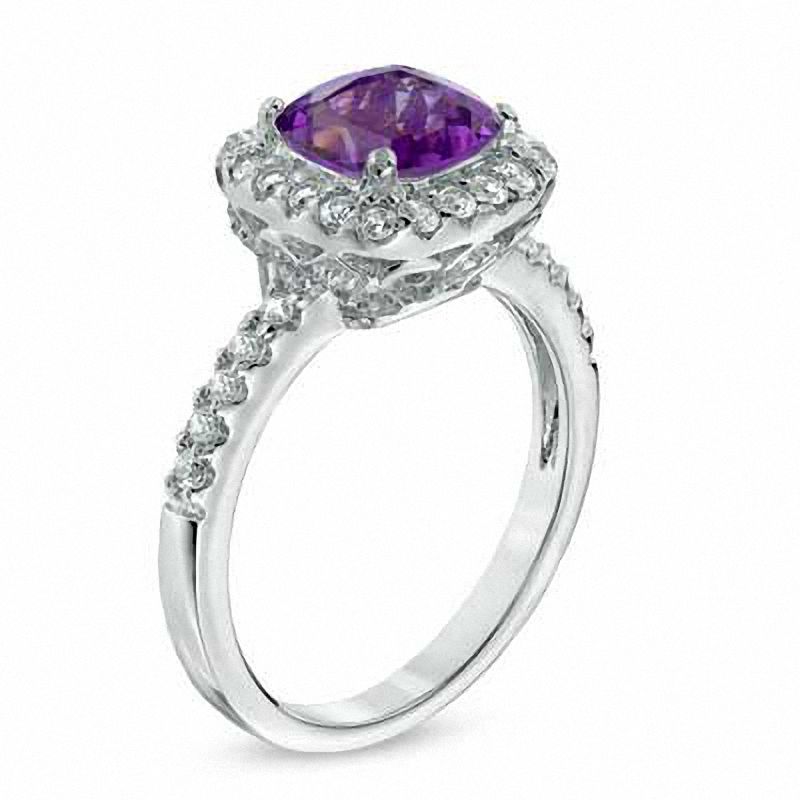 Main Image 2 of Previously Owned - 7.0mm Cushion-Cut Amethyst and Lab-Created White Sapphire Ring in Sterling Silver