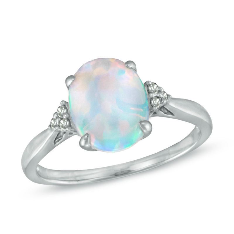 Previously Owned - Oval Lab-Created Opal and Diamond Accent Ring in 10K White Gold|Peoples Jewellers