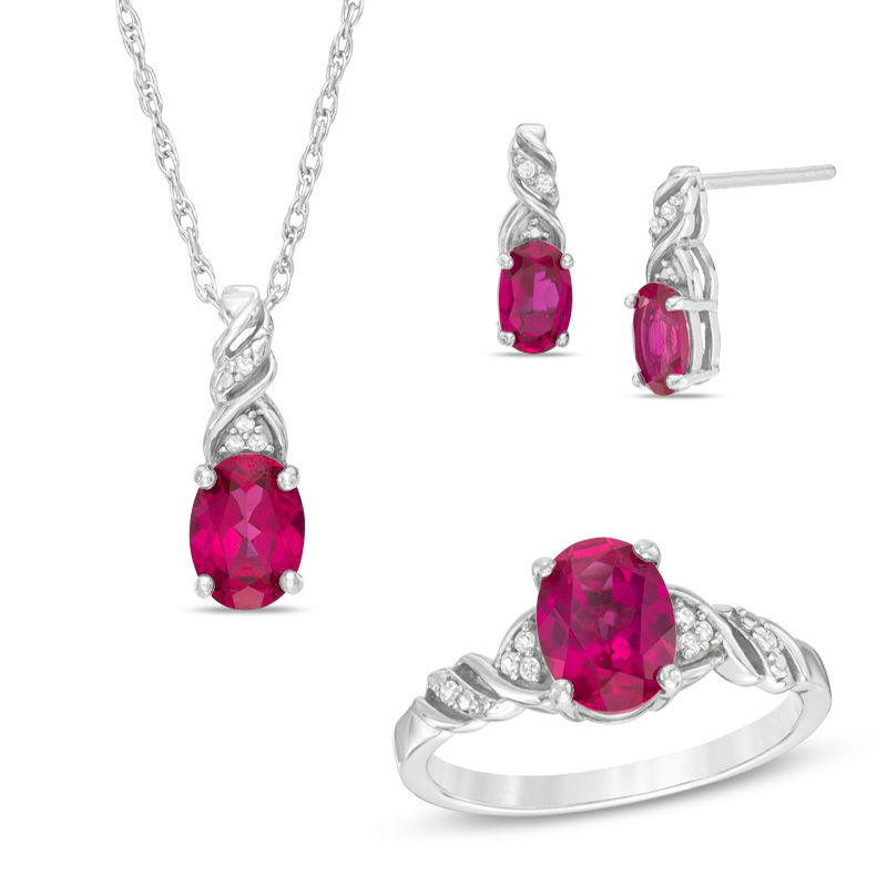 Previously Owned - Oval Lab-Created Ruby and White Sapphire Pendant, Ring and Earrings Set in Sterling Silver