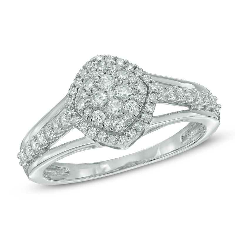 Previously Owned - 0.50 CT. T.W. Diamond Tilted Square Frame Cluster Ring in 10K White Gold|Peoples Jewellers