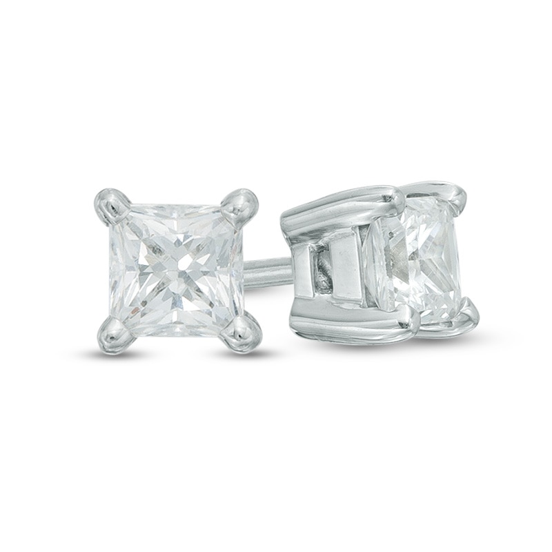 Main Image 1 of Previously Owned - 0.70 CT. T.W.  Princess-Cut Diamond Solitaire Stud Earrings in 14K White Gold (I/I2)