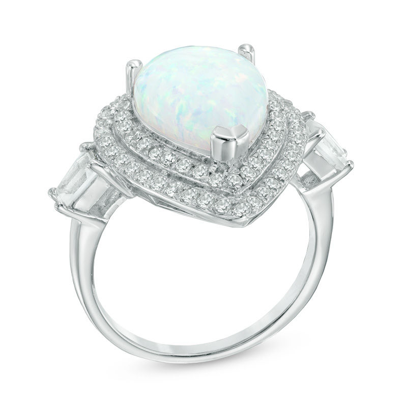 Previously Owned - Pear-Shaped Lab-Created Opal and White Sapphire Frame Ring in Sterling Silver