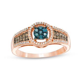 Previously Owned - 0.33 CT. T.W. Enhanced Blue, Champagne and White Composite Diamond Frame Ring in 10K Rose Gold