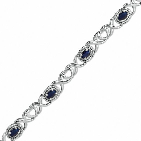 Previously Owned - Oval Sapphire Heart and "X" Link Bracelet in Sterling Silver - 7.25"