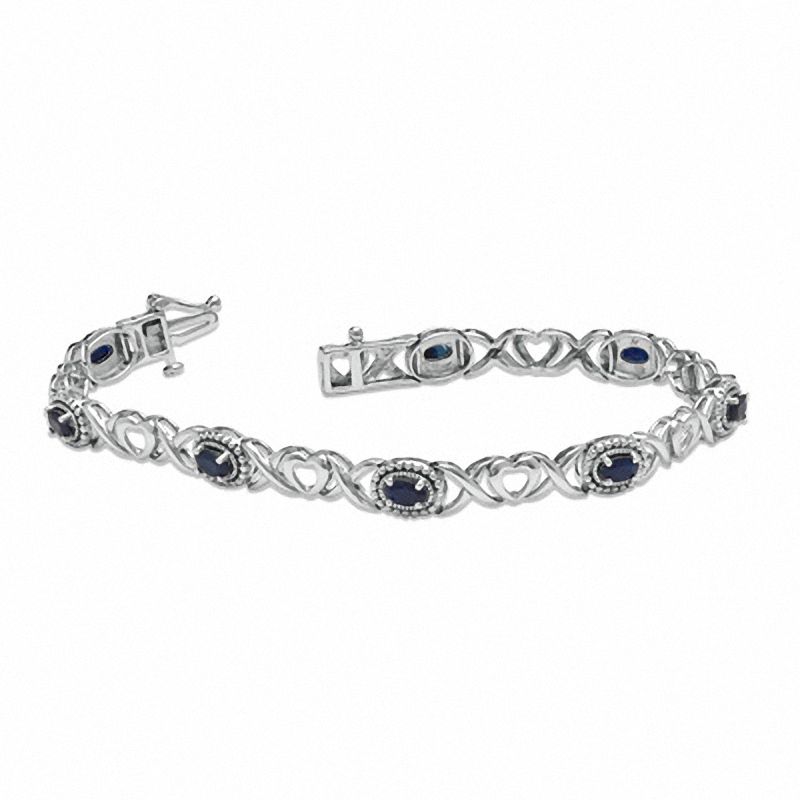 Previously Owned - Oval Sapphire Heart and "X" Link Bracelet in Sterling Silver - 7.25"