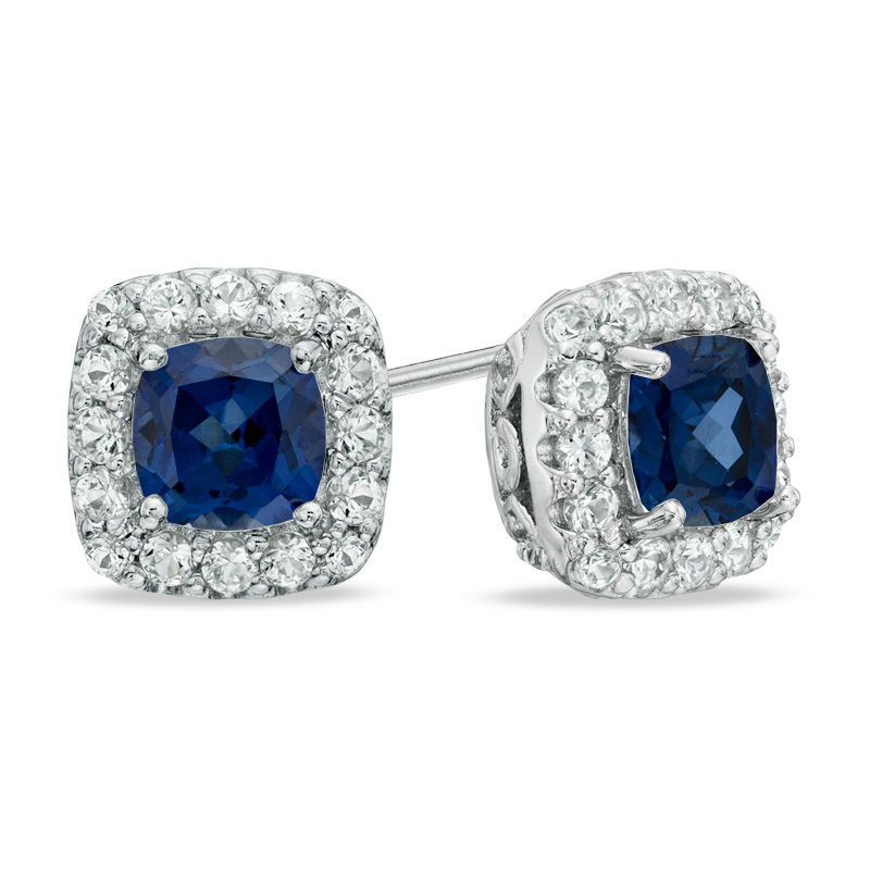 Previously Owned - 5.0mm Cushion-Cut Lab-Created Blue and White Sapphire Frame Stud Earrings in Sterling Silver