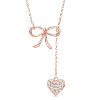 Previously Owned - Lab-Created White Sapphire Bow Lariat Necklace in Sterling Silver with 18K Rose Gold Plate - 18.5"