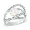 Previously Owned-7.5-8.0mm Freshwater Cultured Pearl and Lab-Created White Sapphire Orbit Ring in Sterling Silver