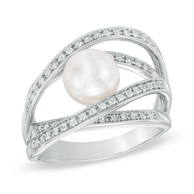 Previously Owned-7.5-8.0mm Freshwater Cultured Pearl and Lab-Created White Sapphire Orbit Ring in Sterling Silver