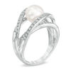 Previously Owned-7.5-8.0mm Freshwater Cultured Pearl and Lab-Created White Sapphire Orbit Ring in Sterling Silver