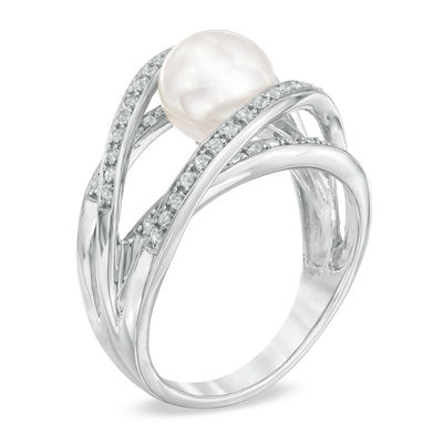 Previously Owned-7.5-8.0mm Freshwater Cultured Pearl and Lab-Created White Sapphire Orbit Ring in Sterling Silver