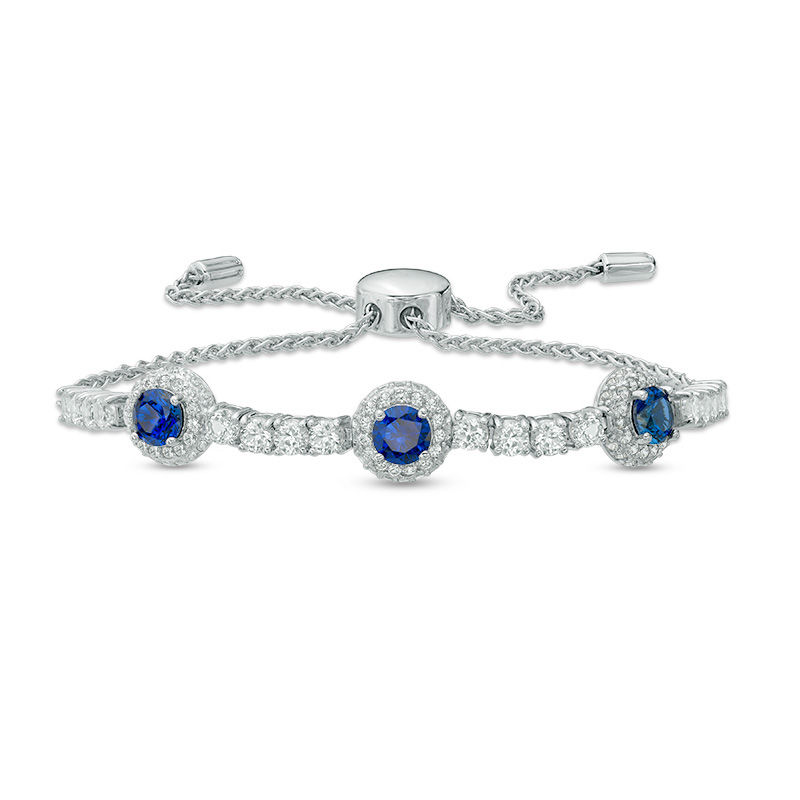 Previously Owned - 5.0mm Lab-Created Blue and White Sapphire Frame Three Stone Bolo Bracelet in Sterling Silver - 9.0"
