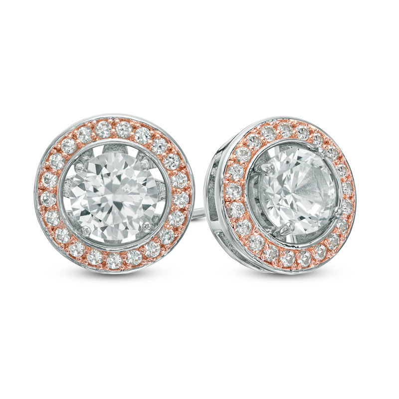 Previously Owned - 5.0mm Lab-Created White Sapphire Frame Stud Earrings in Sterling Silver and 18K Rose Gold Plate|Peoples Jewellers