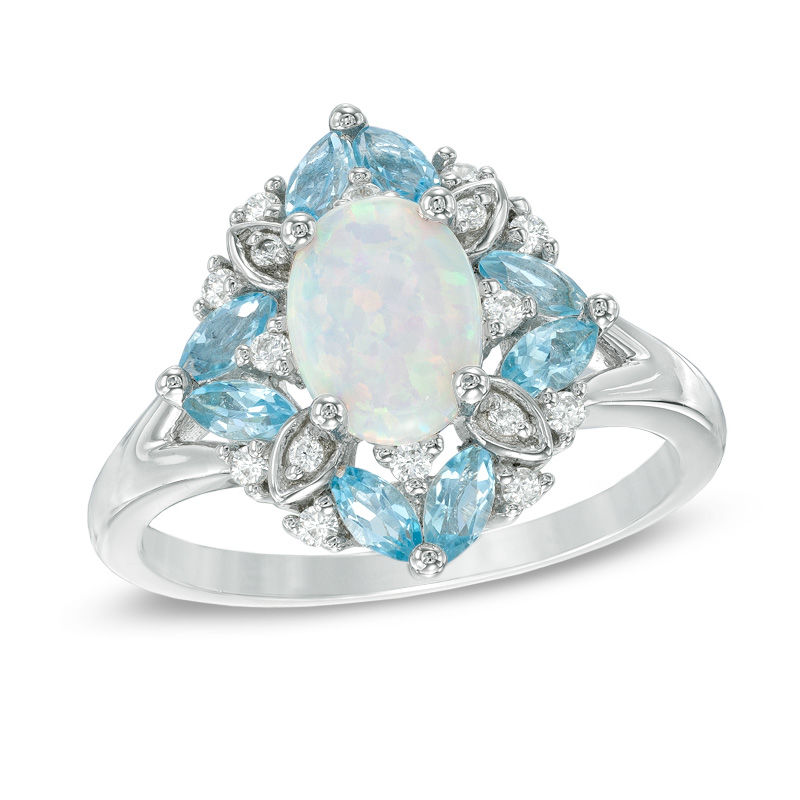 Previously Owned - Oval Lab-Created Opal, Swiss Blue Topaz and White Sapphire Vintage-Style Ring in Sterling Silver|Peoples Jewellers
