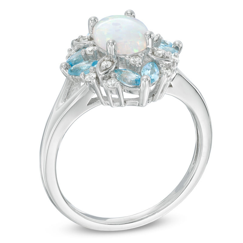 Main Image 2 of Previously Owned - Oval Lab-Created Opal, Swiss Blue Topaz and White Sapphire Vintage-Style Ring in Sterling Silver