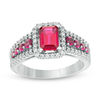 Thumbnail Image 0 of Previously Owned - Emerald-Cut Lab-Created Ruby and White Sapphire Frame Ring in Sterling Silver