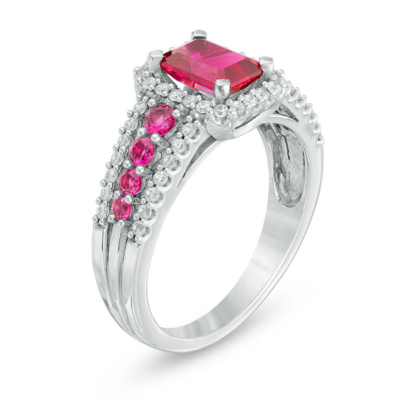 Previously Owned - Emerald-Cut Lab-Created Ruby and White Sapphire Frame Ring in Sterling Silver