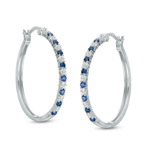 Previously Owned - Alternating Lab-Created Blue and White Sapphire Hoop Earrings in Sterling Silver