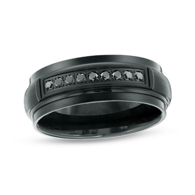 Previously Owned - Men's 0.16 CT. T.W Black Diamond Channel Wedding Band in Black IP Stainless Steel