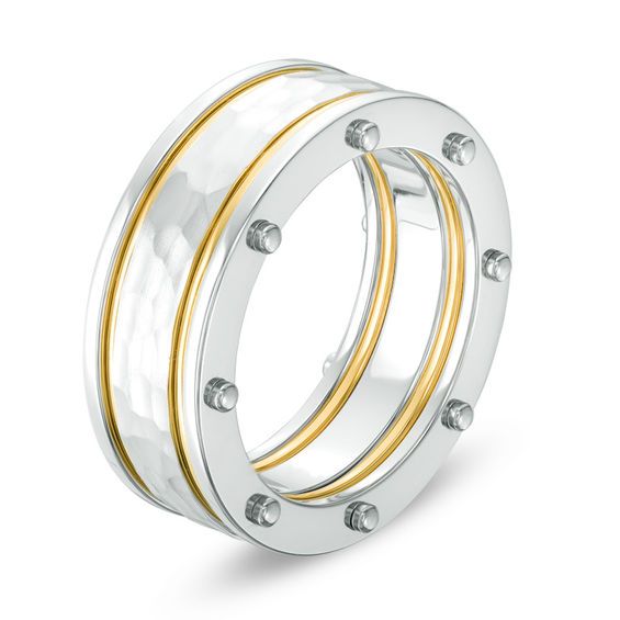 Previously Owned - Men's 9.0mm Hammered Centre Yellow IP Stripes Riveted Wedding Band in Stainless Steel