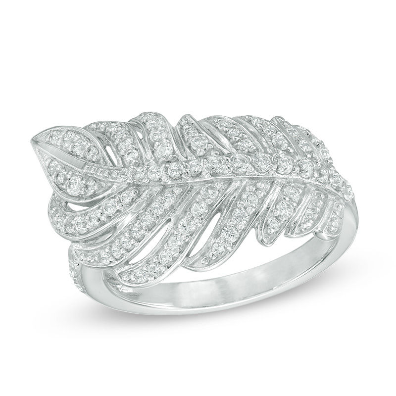 Previously Owned - Lab-Created White Sapphire Sideways Feather Ring in Sterling Silver