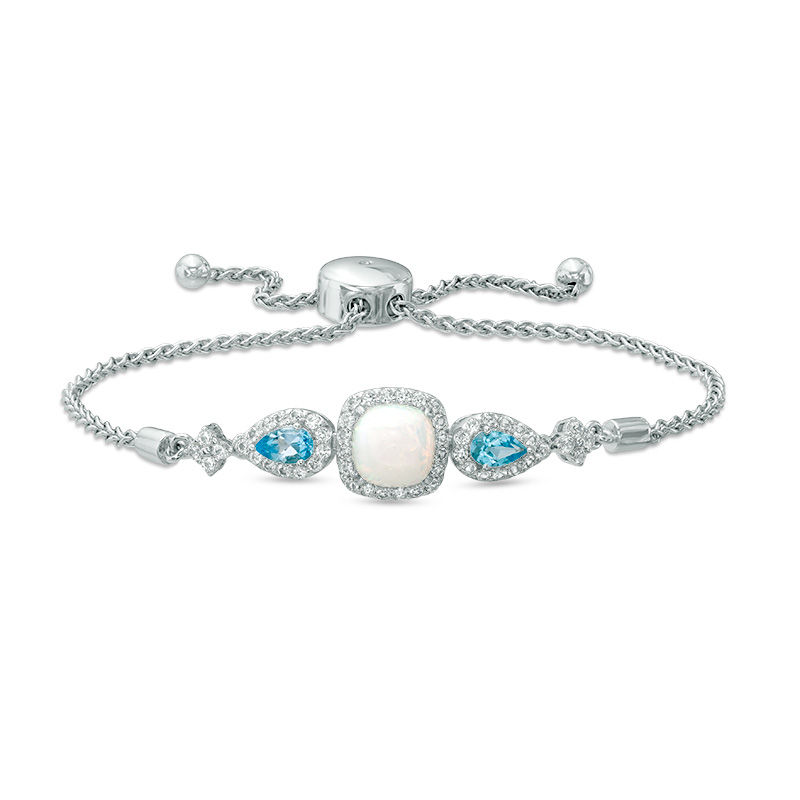 Previously Owned - Cushion-Cut Lab-Created Opal, White Sapphire and Blue Topaz Bolo Bracelet in Sterling Silver - 9.0"