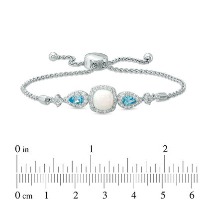 Previously Owned - Cushion-Cut Lab-Created Opal, White Sapphire and Blue Topaz Bolo Bracelet in Sterling Silver - 9.0"