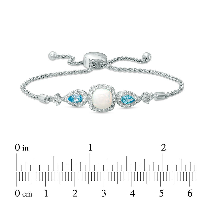 Previously Owned - Cushion-Cut Lab-Created Opal, White Sapphire and Blue Topaz Bolo Bracelet in Sterling Silver - 9.0"