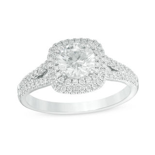 Previously Owned - 1.00 CT. T.W.   Diamond Double Cushion Frame Engagement Ring in Platinum (H/VS2)